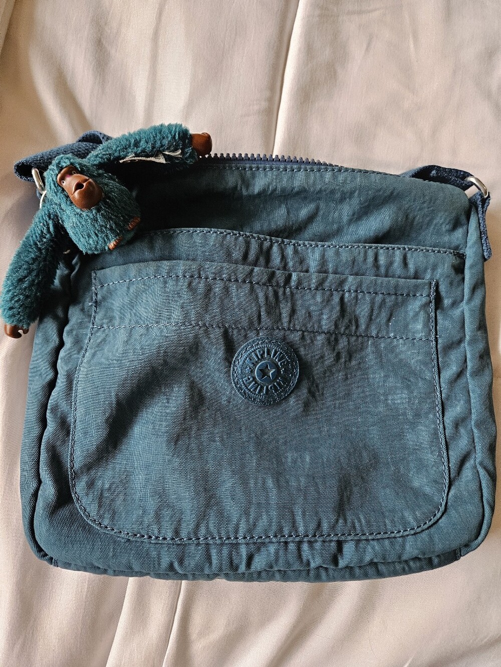 Kipling Crinkle Nylon Crossbody Bag Teal Blue with Original Fluffy Monkey